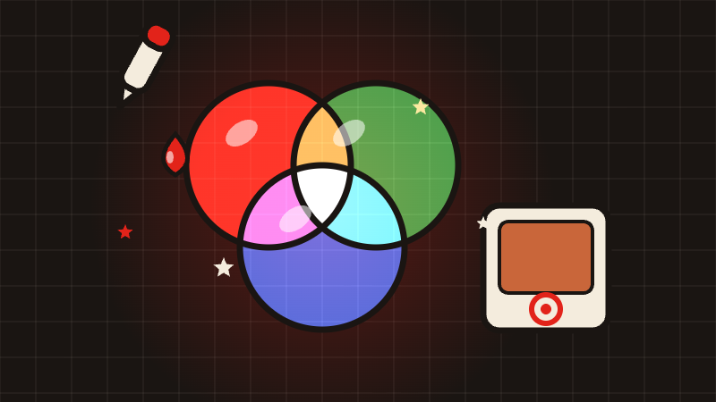 Cartoon colour-mix puzzle: red, green and blue circles blending into new shades with a target swatch