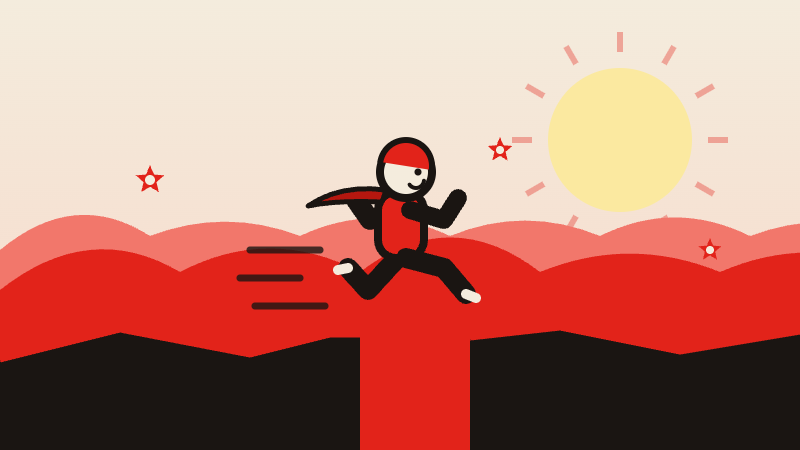 Cartoon runner leaping across a red mountain ridge at sunset